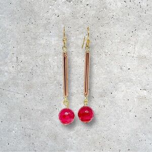 BOUTIQUE Gold and Red Agate Dangle Earrings, Dainty, Classy, Beaded Stone,
